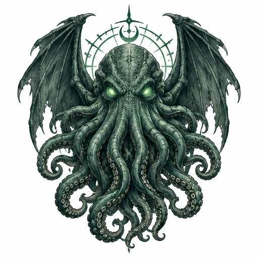 Cthulhu's head with tentacles, glowing green eyes, and ragged wings, with a mystical circular symbol behind