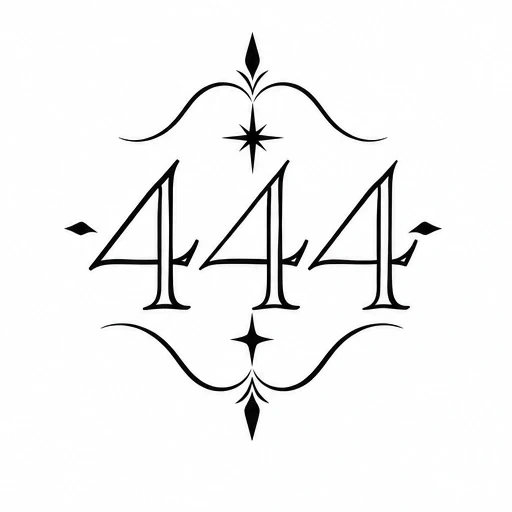 Tattoo design of the numbers 444 with ornate lines, stars, and diamond shapes