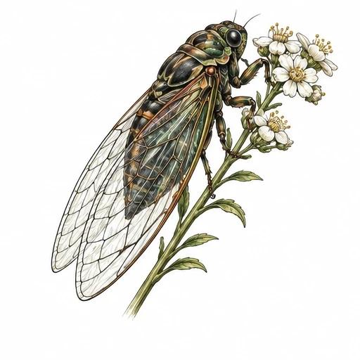 Detailed cicada resting on flowering plant with transparent wings and realistic texture