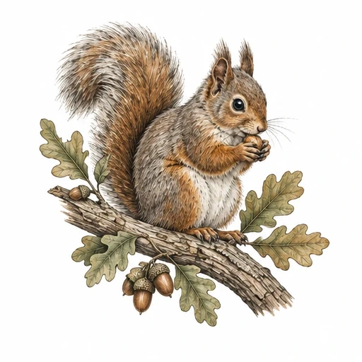 Realistic squirrel sitting on an oak branch holding an acorn with oak leaves and acorns around it.