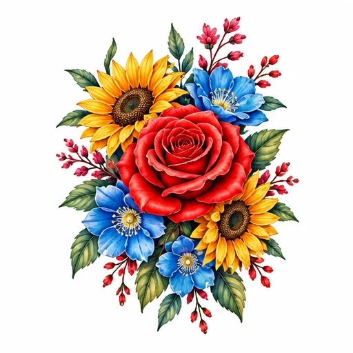 Colorful bouquet with red rose, yellow sunflowers, blue flowers, green leaves, and red buds
