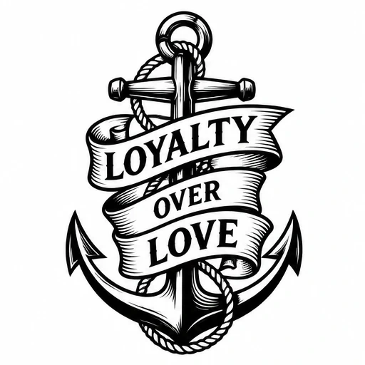 Black and white anchor tattoo with rope and a banner reading Loyalty Over Love