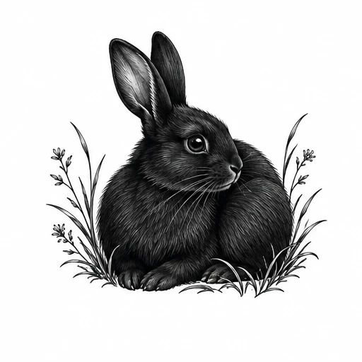 Black rabbit sitting surrounded by grass and small flowers tattoo design