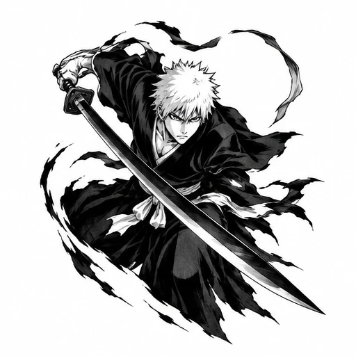 Black and white drawing of Ichigo Kurosaki slashing with sword, dynamic pose with flowing robes.