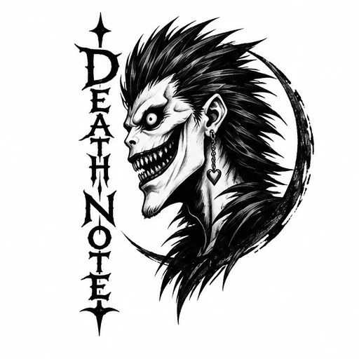 Black and white tattoo design of Ryuk from Death Note with gothic 'Death Note' text