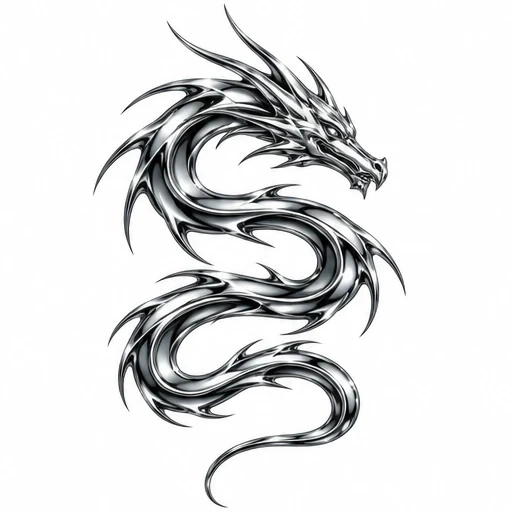 Chrome-style tattoo design of a stylized dragon with spikes and reflective metallic look