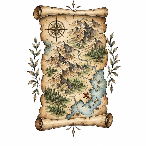 Tattoo design of a vintage scroll map with mountains, rivers, forests, compass rose, and decorative leaves.