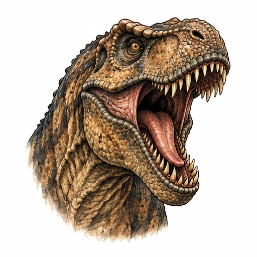 Close-up illustration of a roaring T. rex head with open mouth showing sharp teeth and textured skin.