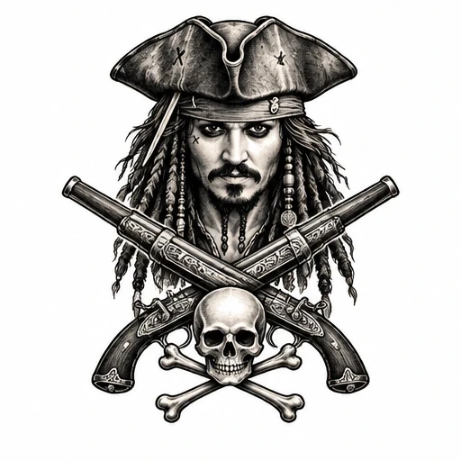 Black and white illustration of Jack Sparrow's face with tricorn hat, crossed pistols, and skull and crossbones.