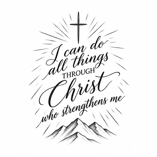 Tattoo design with a cross radiating light above the phrase 'I can do all things through Christ who strengthens me' and a shaded mountain range below.