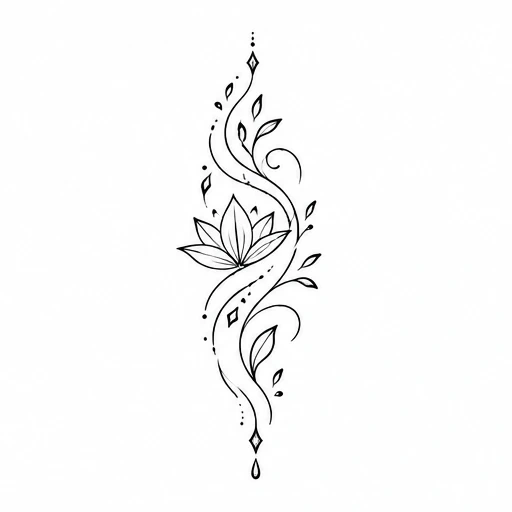 Fine line tattoo design with a lotus flower, vines, leaves, and diamond shapes in black ink