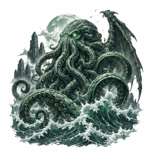 Dark green tentacled Cthulhu creature with glowing eyes emerging from stormy sea under a full moon and rocky ruins.