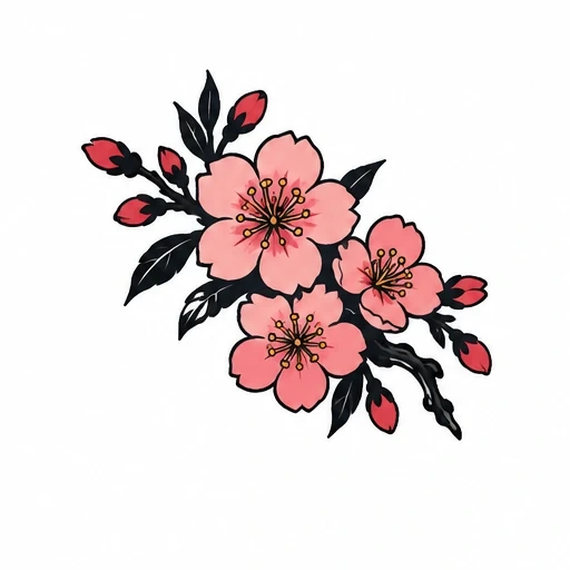 Cherry blossom branch tattoo with pink flowers and black leaves