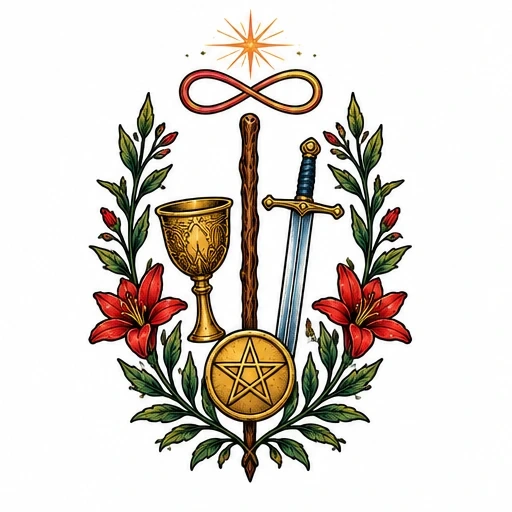 Tarot tattoo design with wand, pentacle, sword, cup, red lilies, green leaves, infinity symbol, and star