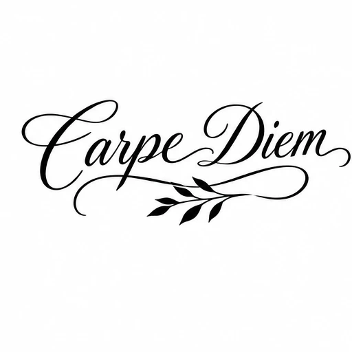 Carpe Diem tattoo script in elegant black cursive with leaf branch flourish