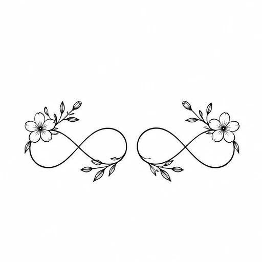 Fine line drawing of two floral infinity symbols with blooming flowers and leaves
