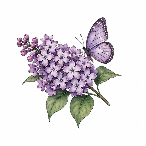 Purple lilac flowers with green leaves and a purple butterfly perched on them