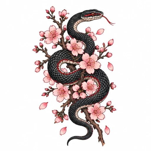 Black snake coiled around cherry blossom branch with pink flowers and petals falling