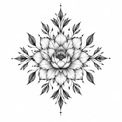 Black ink symmetrical lotus flower tattoo design with layered petals and leaf clusters