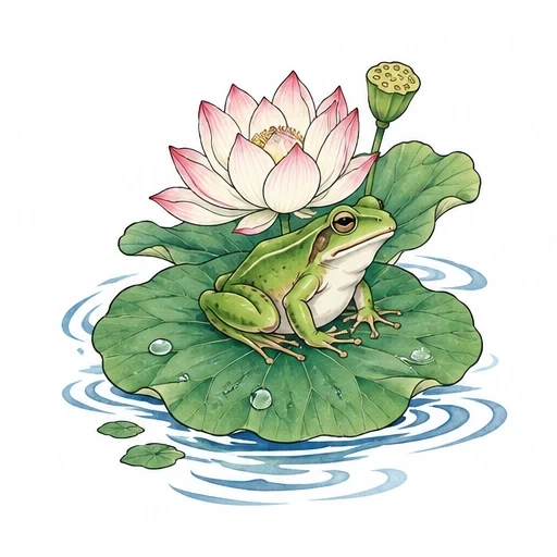 Green frog sitting on a green lotus leaf with water ripples, pink lotus flower, and lotus seed pod.