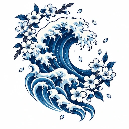Japanese traditional tattoo design of a large blue wave with white crests intertwined with cherry blossom branches with white petals and blue leaves.