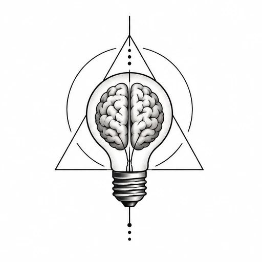 Tattoo design of a brain inside a lightbulb, surrounded by a triangle and circular geometric shapes in black and gray ink.