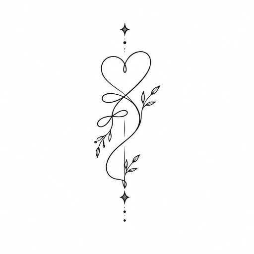 Fine line tattoo of a heart with a vine entwined and small leaves, accented by two small star shapes and dots above and below.