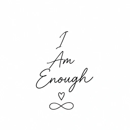Minimalist text tattoo saying 'I Am Enough' with a heart and infinity symbol beneath