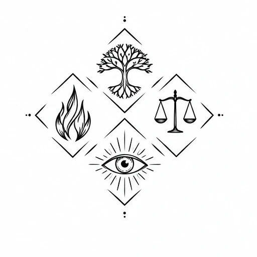 Black geometric tattoo design with tree, flame, scales, and eye symbols in diamond shapes