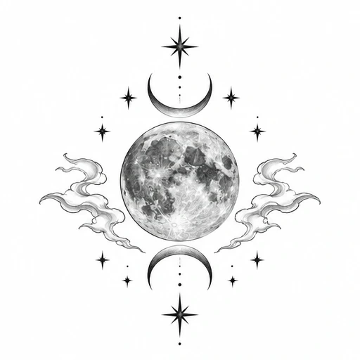 Black and white tattoo design of a full moon with crescents, stars, and clouds