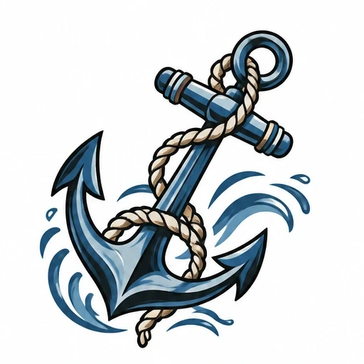 Blue anchor wrapped with beige rope and blue water splashes illustration
