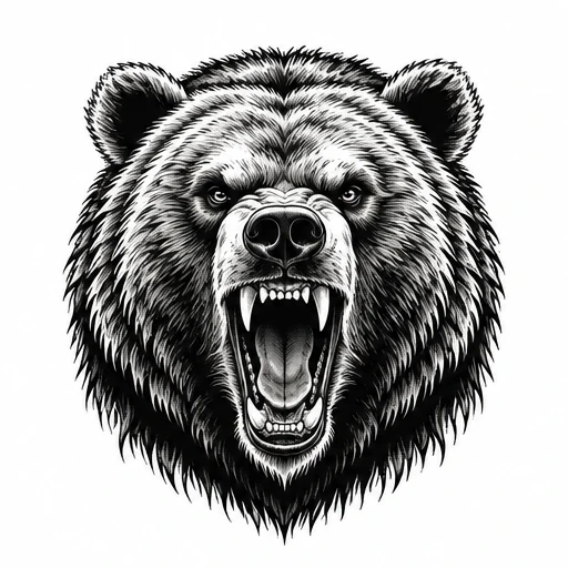 Black and white illustration of a roaring bear head with an open mouth showing sharp teeth.