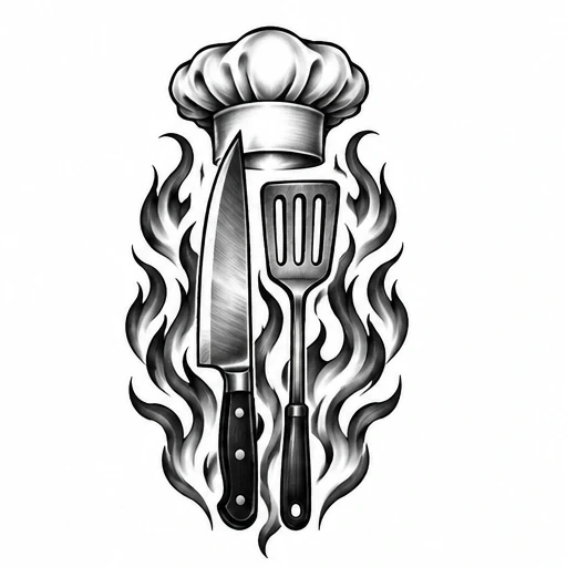Black and grey tattoo design of a chef's hat above a knife and spatula surrounded by flames
