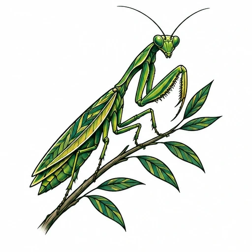 Illustration of a green praying mantis with geometric wing patterns sitting on a leafy branch