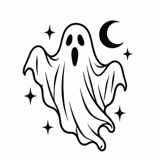 Black outline cartoon ghost floating with moon and stars