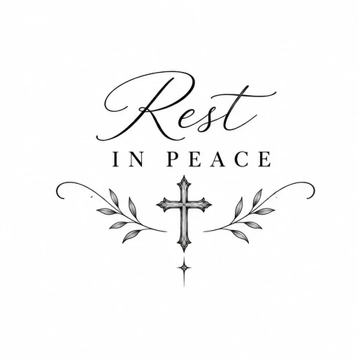 Rest in peace tattoo lettering with cross and leaves