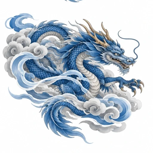 Blue Japanese dragon with detailed scales curling among swirling gray and blue traditional clouds