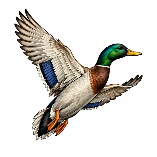 Illustration of a flying mallard duck with green head and blue wing patches