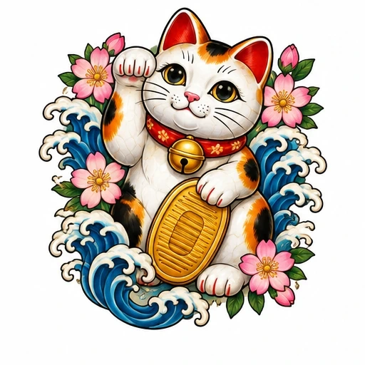 Maneki-neko lucky cat with raised paw holding gold coin surrounded by blue waves and pink cherry blossoms