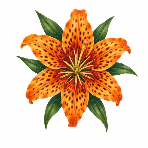 Detailed orange tiger lily flower with six spotted petals and green leaves on white background