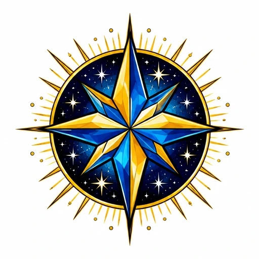 Cosmic starburst tattoo design with faceted golden and blue star inside a starry circular burst