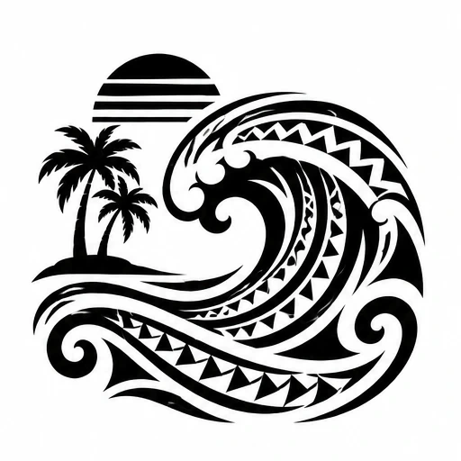 Black tribal tattoo design of a wave with geometric patterns, palm trees, and a striped sun