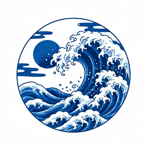 Japanese wave tattoo design with large curling wave, white foam, stylized clouds, and round sun in a circular frame