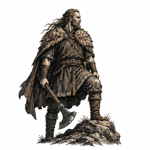 Illustration of Viking warrior with fur cloak, battle axe, standing on rock.