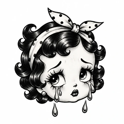 Black and white tattoo design of a crying girl with curly hair and a polka dot headband
