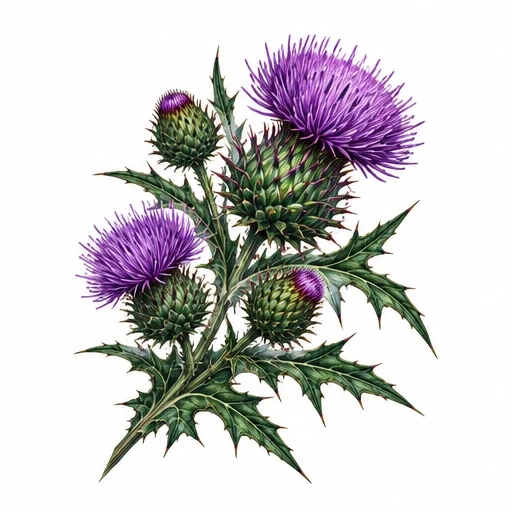 Illustration of a thistle plant with sharp green leaves and vibrant purple flowers on white background