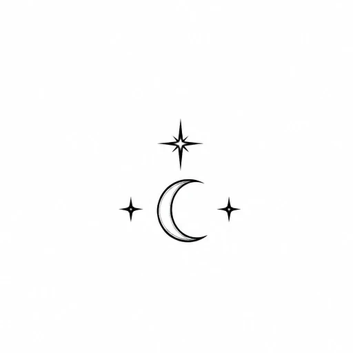 Minimalist crescent moon with three radiant stars tattoo in black ink