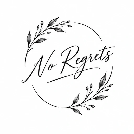 Black ink tattoo design with 'No Regrets' cursive text and simple botanical decorations