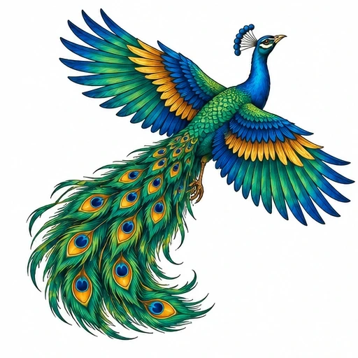 Colorful peacock with blue, green, and gold feathers spreading wings and tail, detailed eye patterns on tail feathers.