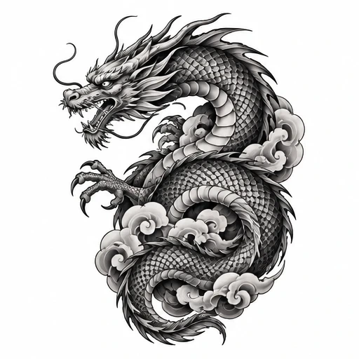 Black and gray Japanese dragon tattoo with coiled body and swirling clouds